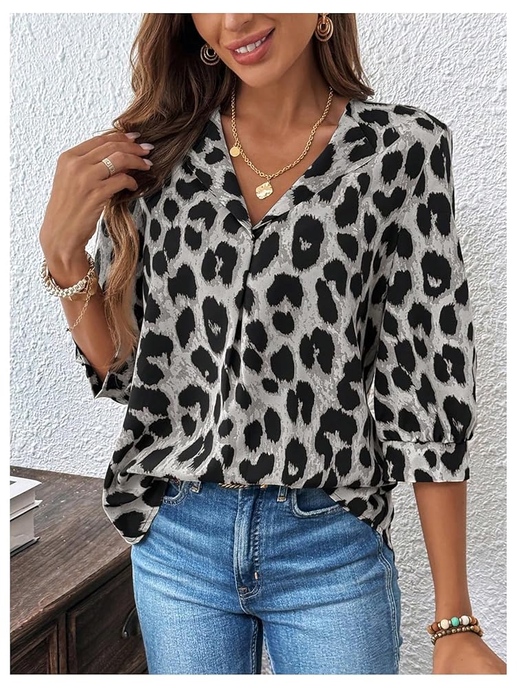 MakeMeChic Women's Cheetah Print Top 3/4 Sleeve Leopard